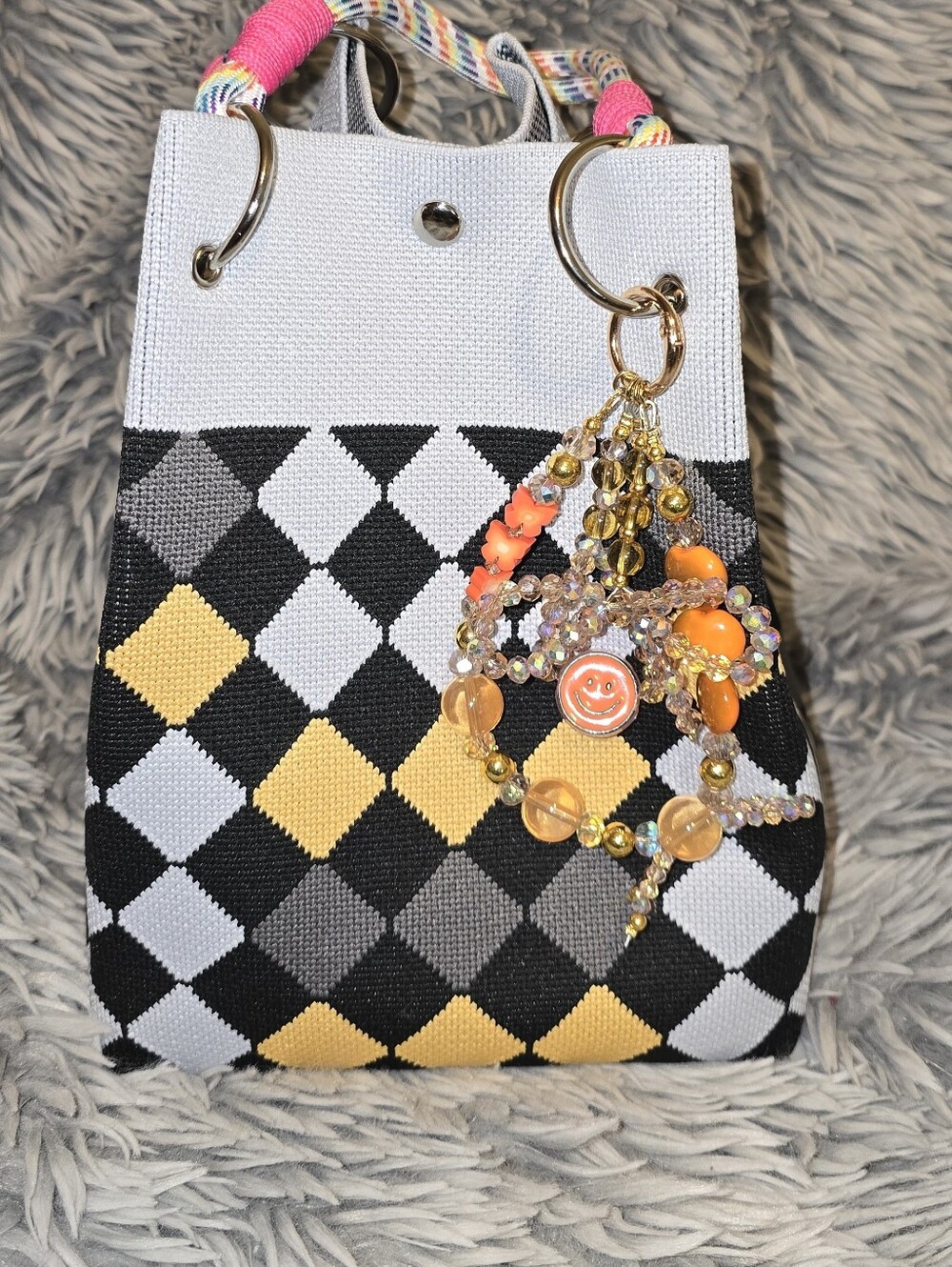 Woven Check Pattern Tote Bag with Yellow & Black Accents